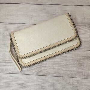 INZI Cream Croc Leather Envelope Wristlet with Silver Chain Accent